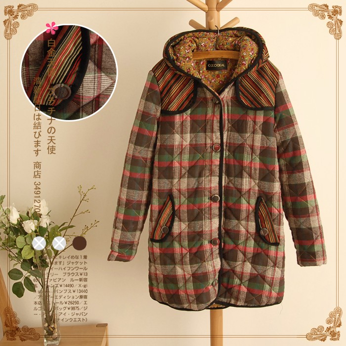 National trend striped plaid thickening hooded wadded jacket cotton-padded coat autumn and winter women 9272