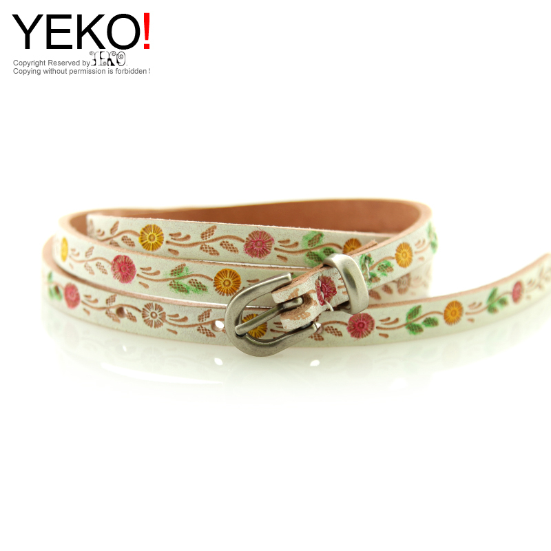 national trend vintage cowhide belt genuine leather belt handmade small flower strap 9