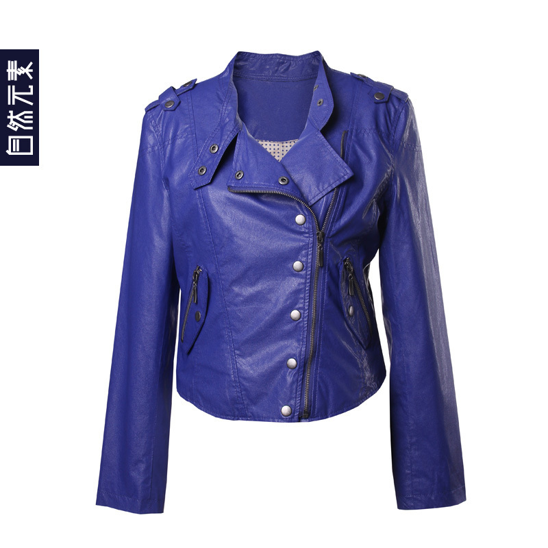 Natural elements 2012 blue PU short design slim women's leather clothing outerwear zgajab0601