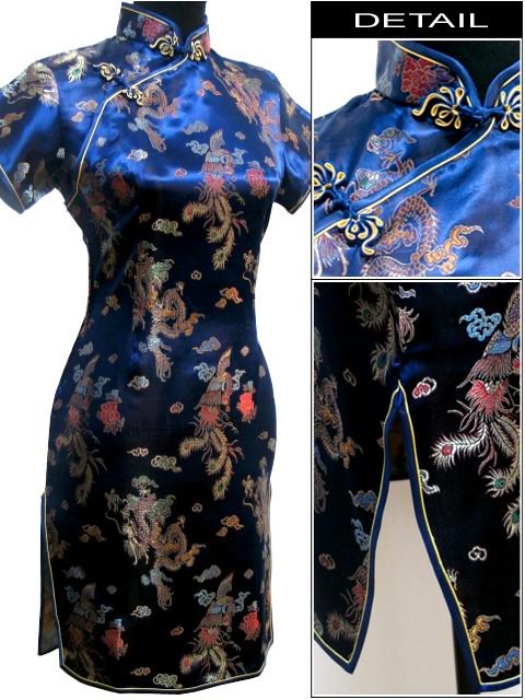Navy Blue Chinese Women's Satin Polyester Qipao Mini Cheong-sam Dress Dragon Phenix S-6XL Free Shipping J4065