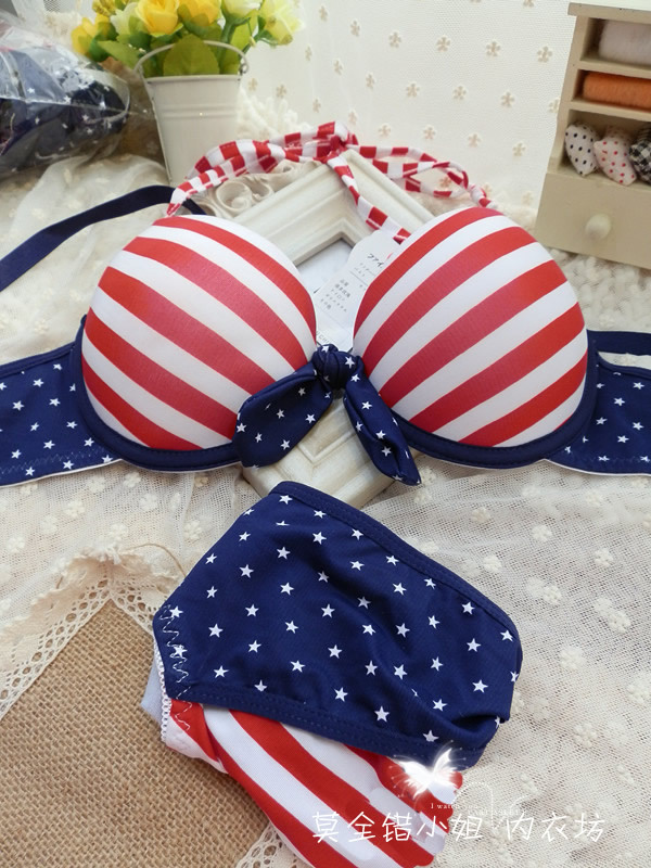 Navy stripe halter-neck brassiere adjustable sexy push up bra set