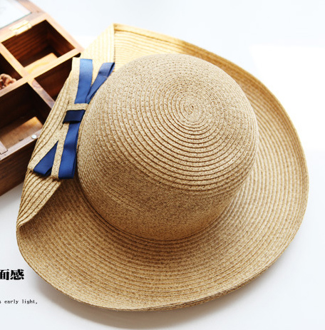 Navy style blue bow roll-up hem big along the cap beach cap large brim strawhat sun-shading hat female