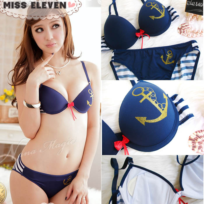 Navy style insert push up underwear bra set