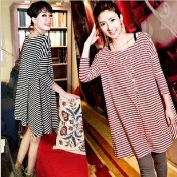 Navy style loose collar stripe dress women lady casual dresses Free shipping