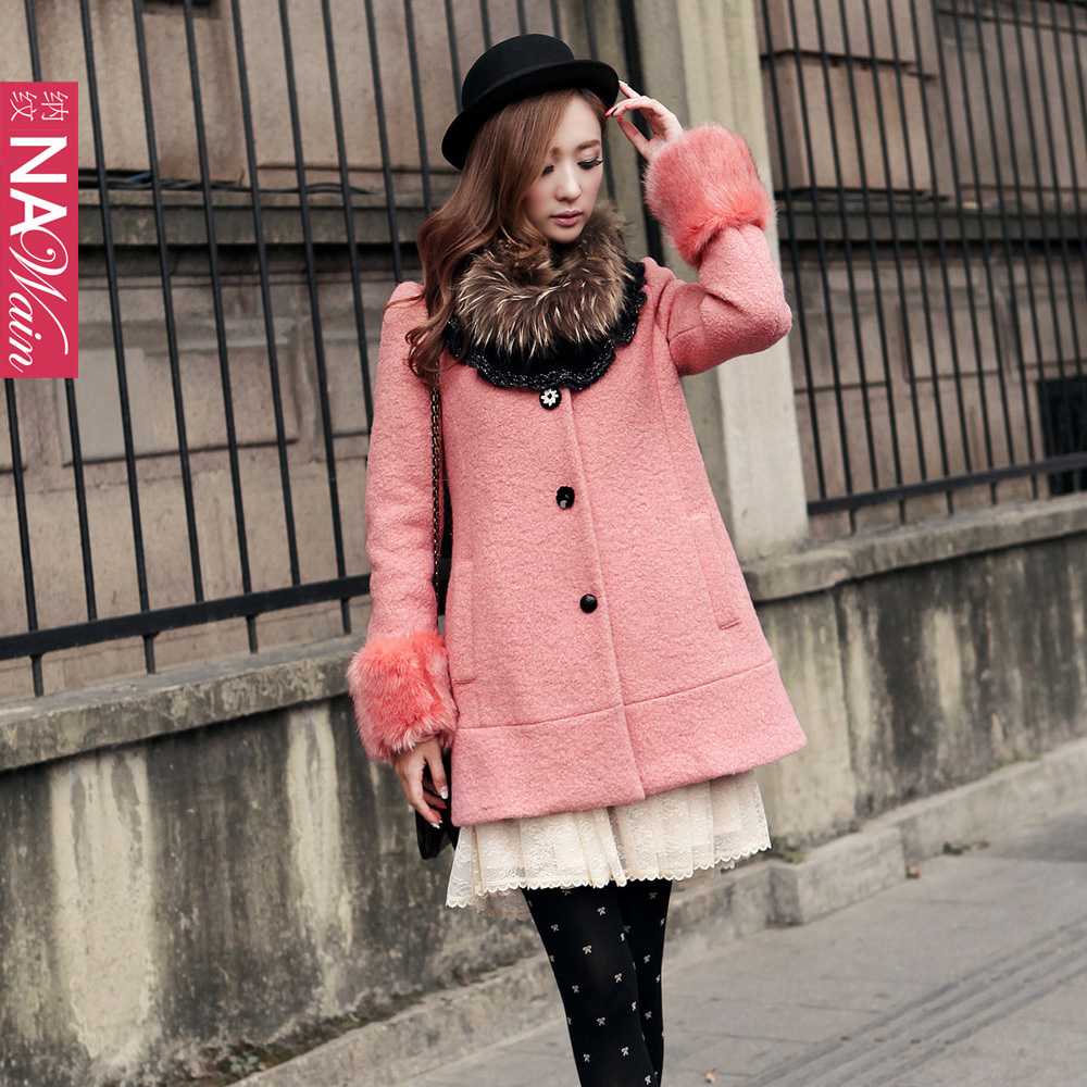 Nawain 2012 winter leather medium-long wool coat n41525i