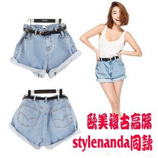Nda single-shorts sty fashion vintage high waist denim shorts roll-up hem loose plus size female spring and summer