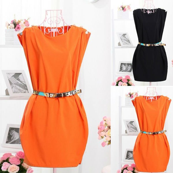 Neck Sleeveless Button-Shoulder Tunic Dress With Belt  2013 spring summer  Free Shipping   W1235