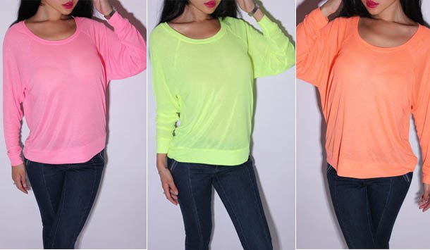 Neon candy color long bat sleeves women fluorescent  top shirt blouse/1 piece Free shipping women neon Shirt/F0704