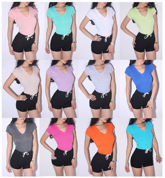 Neon Candy Color short sleeves V neck basic women T-shirt/1 piece Free shipping women basic candy color t shirt wholesale/F0703