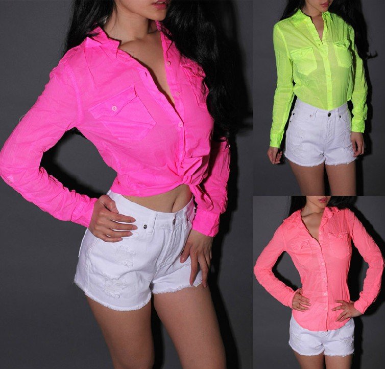 Neon color shirt cotton long foldable sleeve women fluorescent top shirt blouse/sexy neon candy color shirt Free shipping/RX2008