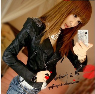 Net 2013 casual epaulette leather clothing slim women's motorcycle jacket outerwear