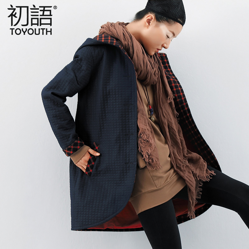 Neutral fashion Red plaid patchwork with a hood high quality blue wadded jacket female best quality