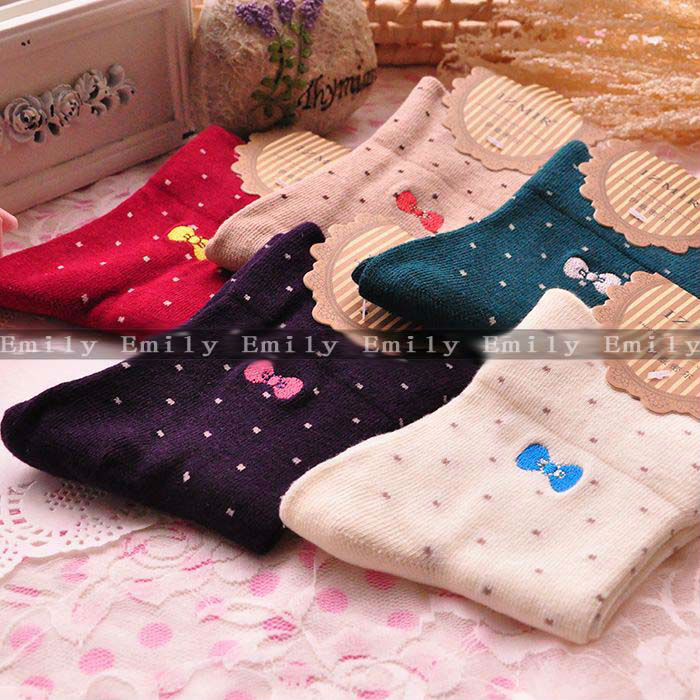 New 12pcs women's sock circle Dot Bowknot pattern comfortable Casual socks