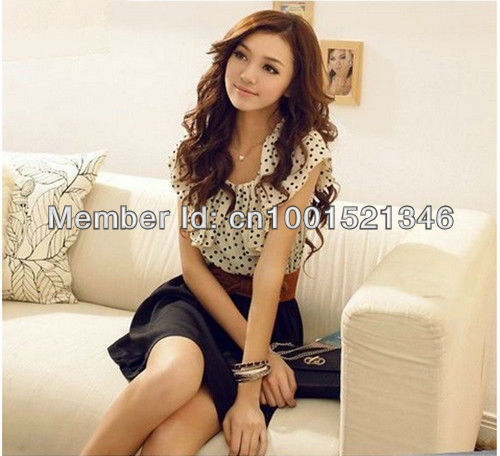 New 2 in 1 Vintage Style Polka Dot Frilled Chiffon Dress (Without Belt) Black NO.0005