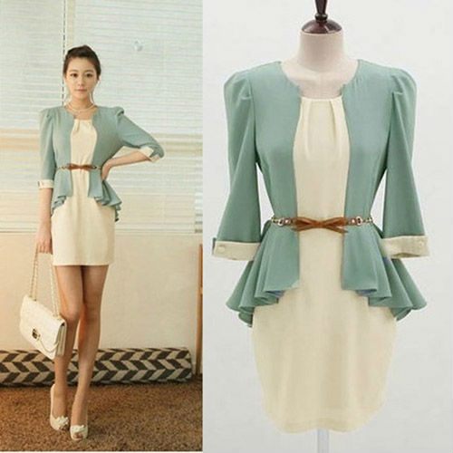 New 2 IN 1 Women Korean Fashion OL Half Sleeve Chiffon Dress With Belt 3733