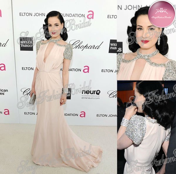 new 2012 84 oscars Dita Von Teese halter beaded short sleeves keyhole on front sexy pink celebrity dresses