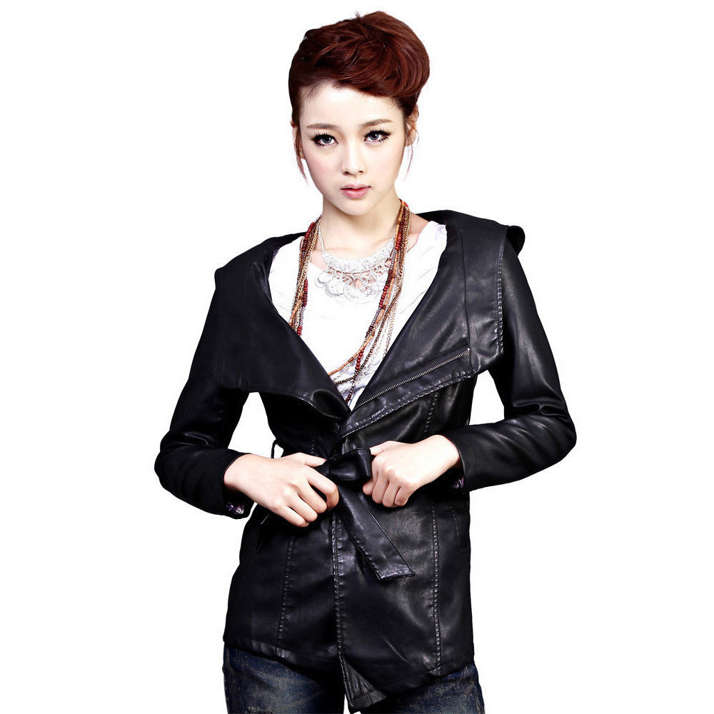 New 2012 autumn outerwear hooded motorcycle leather clothes plus size medium-long female leather clothing 1329 leather jackets