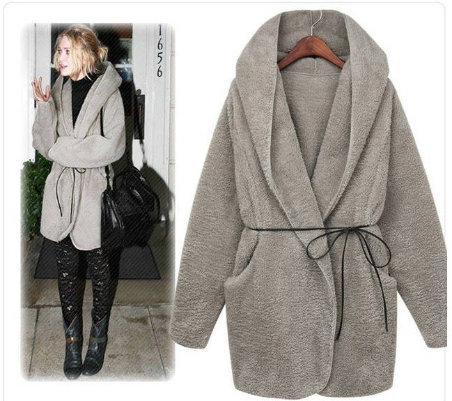 New 2012 Fall/Winter Long Sleeve Hooded Artificial Wool Cardigan Jacket With Belt For Women Gray