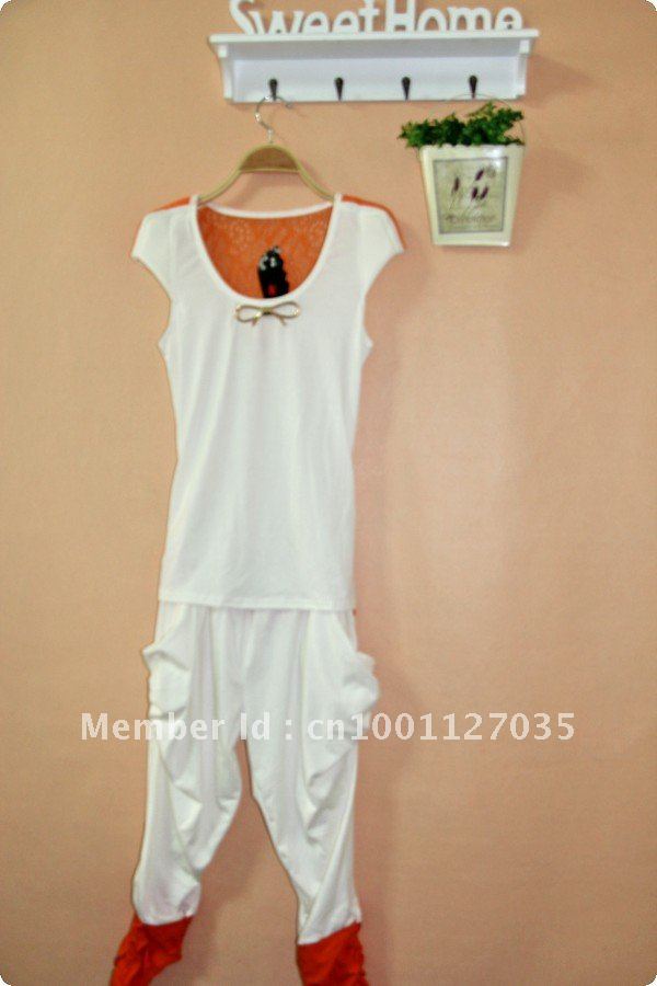 New! 2012 hot cotton Harem Pants Set womens sleeveless lace element bow feature sports casual romantic Fergie FREE SHIPPING