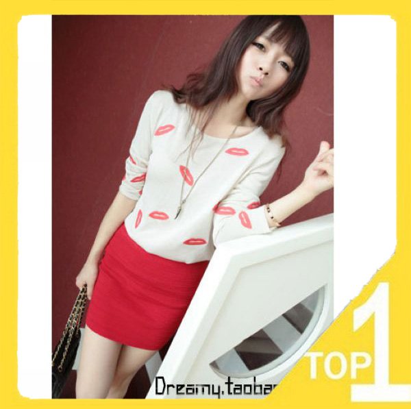 New 2012 Popular Fashoin Casual O-neck slim Women's Long-sleeve Pullover lips embroidery knitted sweaters