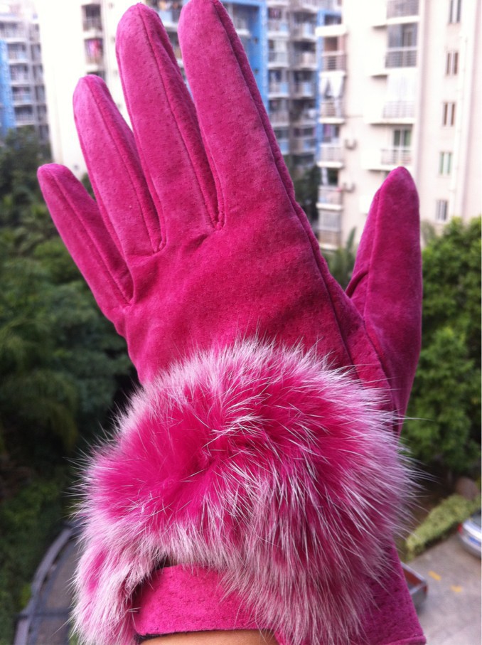 NEW 2012 Romantic Seoul Winter glove double thick warm super warm leather angora female leather gloves  Rose