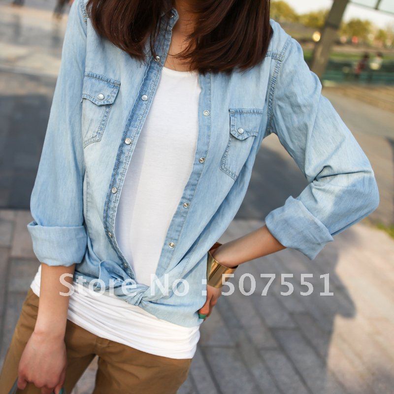 new 2012 summer slim denim shirt women' thin slim waist long-sleeve denim shirt