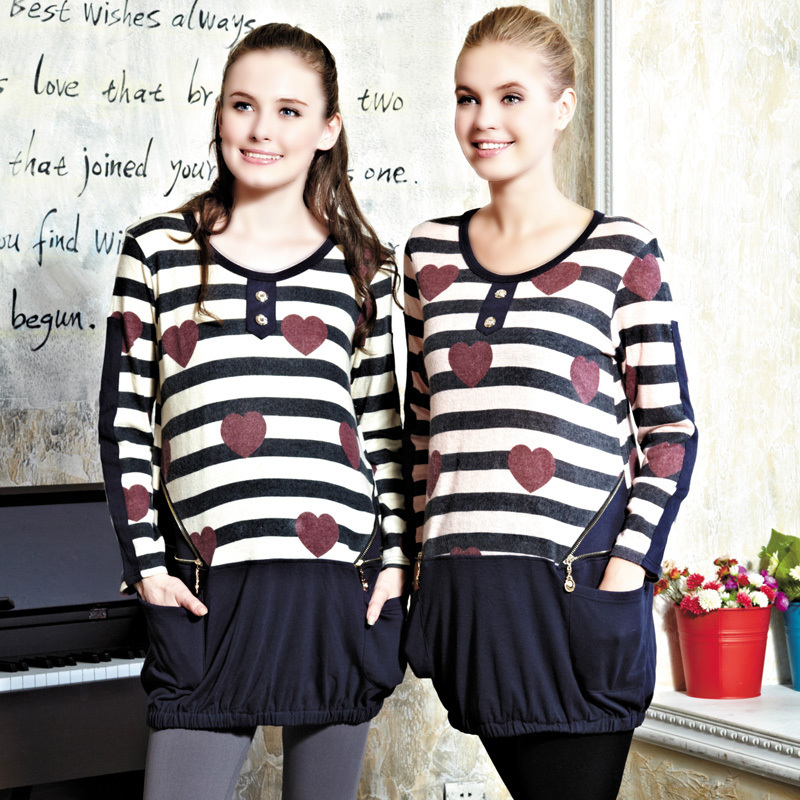 New 2013 Don cotton  autumn and winter maternity clothing heart shut up babydoll stripe long top clothing FREE SHIPPING