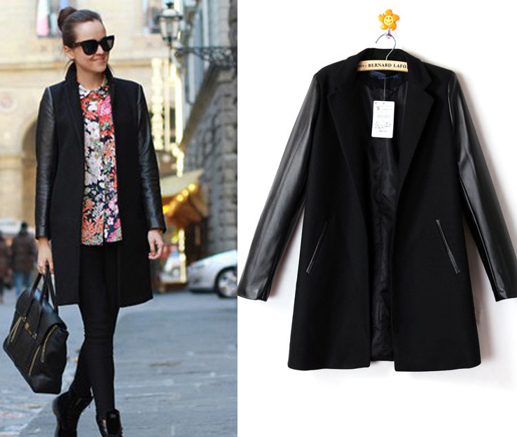 New 2013 fashion Ladies ZA PU Faux LEATHER SLEEVE blend WOOL Blazer Jacket COAT WOMENS Free shipping