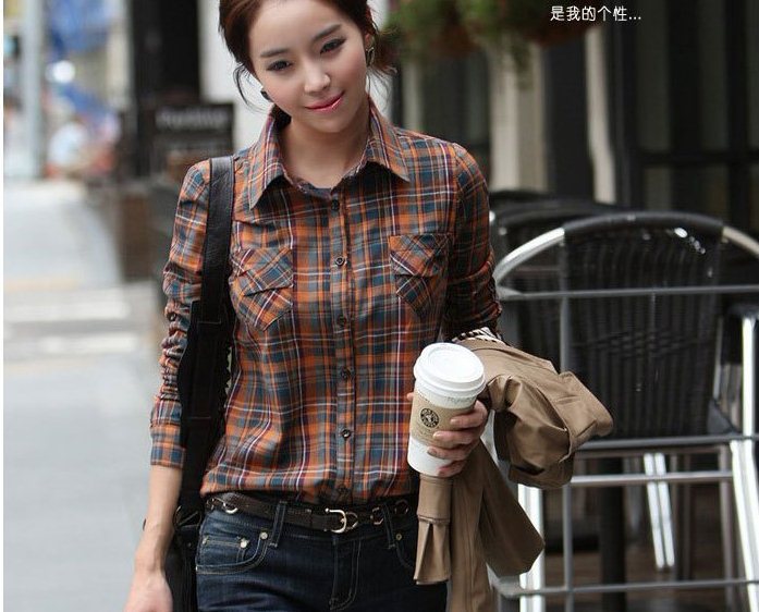 New 2013 fashion women's Lapel plaid shirt free shipping Color : yellow grid , purple grid, orange grid sizes : S, M, L , XL