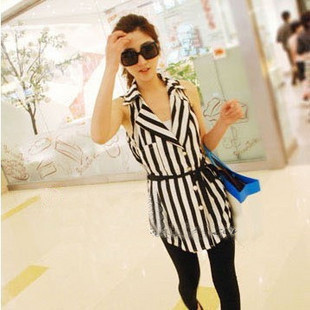 NEW 2013  free shipping Retail 3017 2011 fashion sleeveless vertical stripe shirt - ribbon