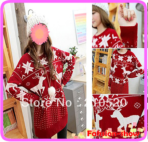 New 2013 gift Christmas Red Fashion Womens Christmas Reindeer Snowflake Loose Knitted Sweater Jumper Free Shipping