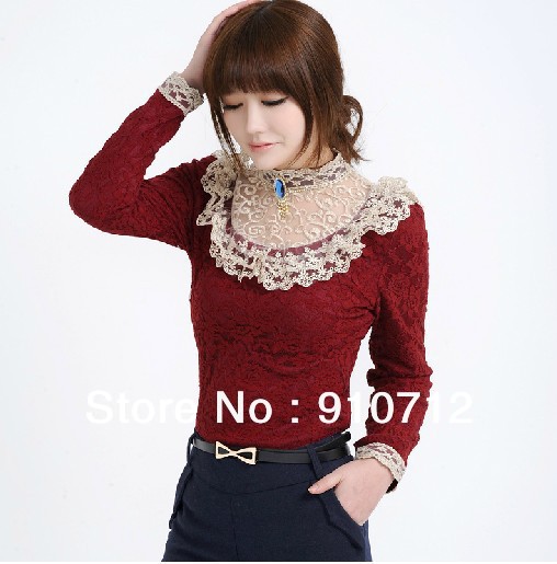 New 2013 Long Sleeve Shirt Lace Blouse Bottoming shirt Fashion T-Shirt  Women's Clothing Blouses & Shirts Free shipping