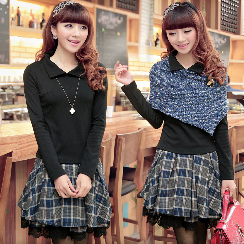 New 2013 spring ol elegant piece set all-match lace patchwork plaid short skirt puff skirt dress set Free shipping