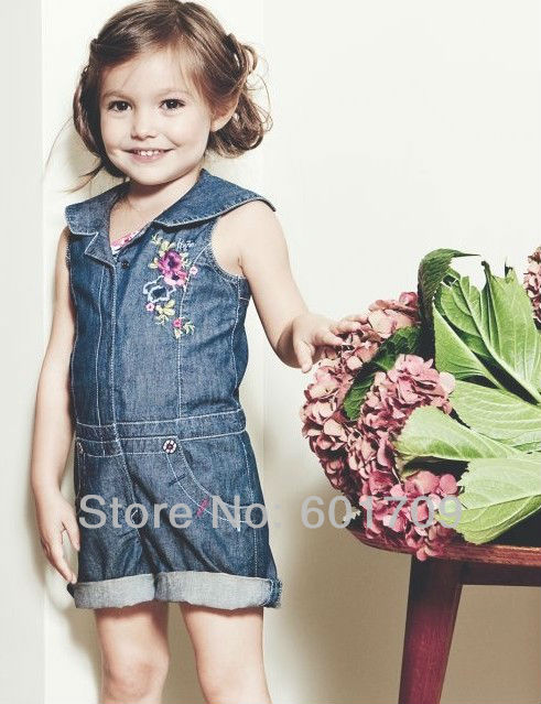 New 2013 sunmer embroidered girls jean Overalls sleeveless baby jeans kids pants 5pc/lot Free shipping