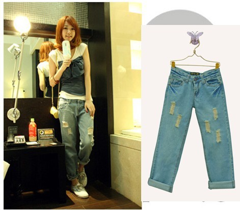 New 2013 women LOW Waist Skinny Straight Jeans pencil Pants Trousers hole design Slim Denim jeans straight bottom free shipping