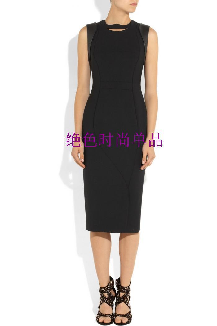 NEW 2013 Women Vintage Leather Patchwork Slim Sleeveless Tank Elegant Knee-Length Formal Dress Free Shipping