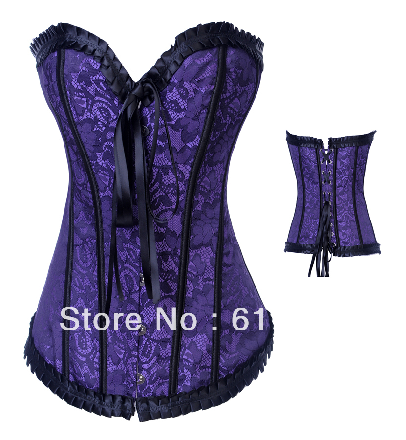 New 3 color purple/red/Beige lace up boned corset bustier with floral lace overlay bodyshaper factory supplier S-2XL