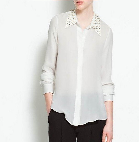 New Arrial 2012 autumn fashion women's rivet collar long-sleeve Chiffon  shirt,Ladies Blouse