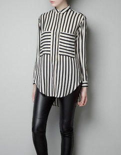 New Arrial 2013 Fashion Retro Style Stripe Print  Double Poecket Long Sleeve Casual Chiffon Blouse Shirt Size SML