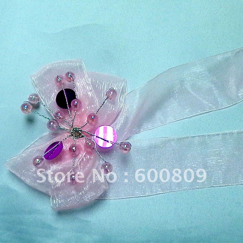 New Arrival!10pcs/Lot Pink Ribbon with Crystals WRIST CORSAGE ARTIFICIAL WEDDING FLOWERS