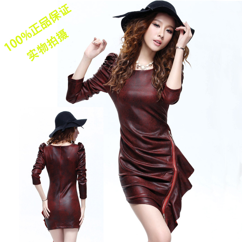 New arrival 13 spring serpentine pattern slim long-sleeve ruffle leather slim hip clothing step short skirt women's