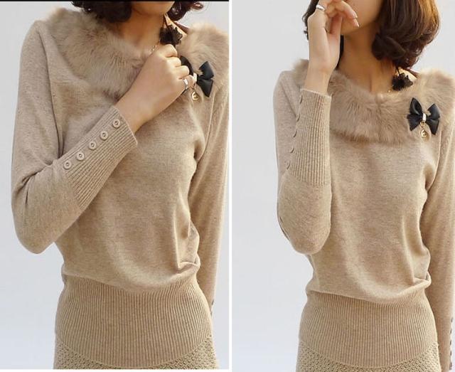 New arrival 2012 autumn and winter clothing rabbit fur style o-neck slim all-match butterfly brooch knitted sweater outerwear