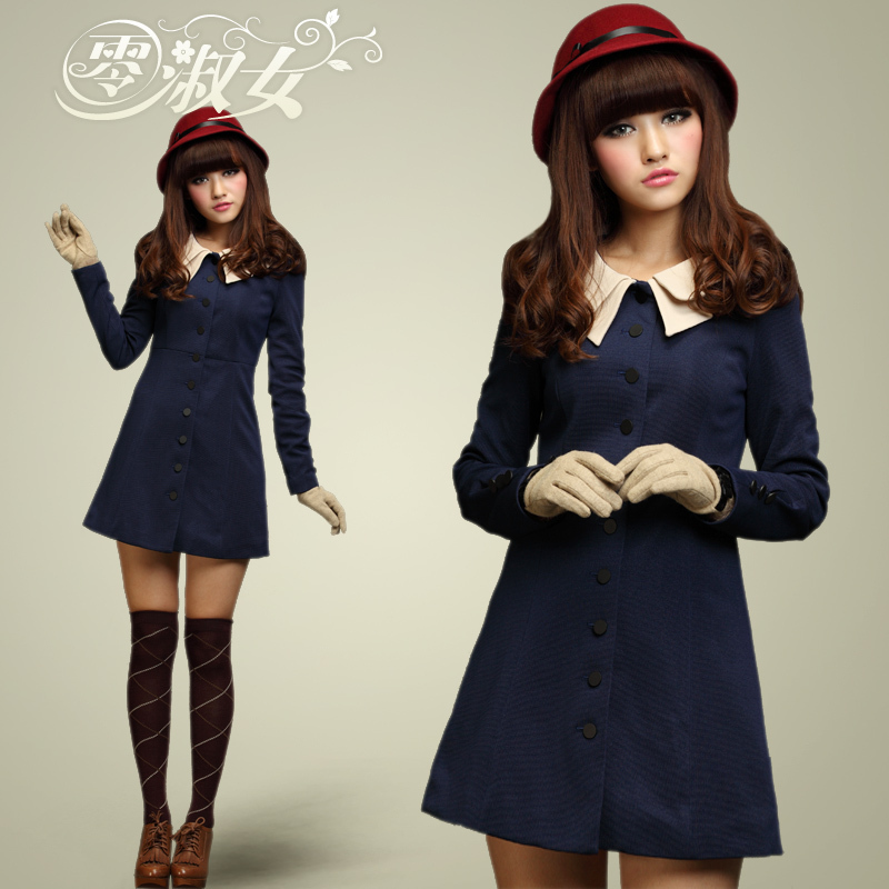 New arrival 2012 autumn and winter women navy blue pinioning slim gentlewomen elegant buttons trench outerwear free shipping