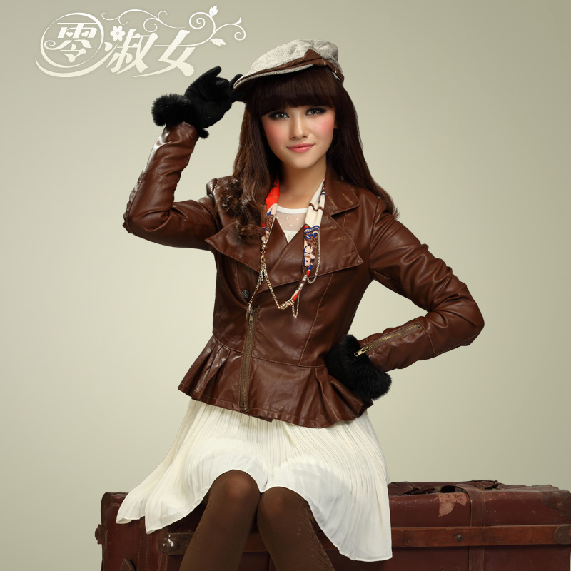 New arrival 2012 autumn fashion motorcycle leather clothing female short design slim oblique zipper gentlewomen short jacket