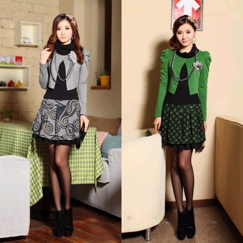 New arrival 2012 autumn women's twinset sweet skirt puff sleeve career dress set