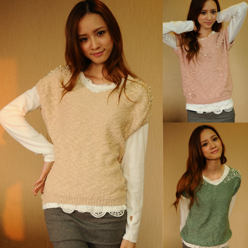 New arrival 2012 elegant pearl beading short-sleeve sweater vest waistcoat female plus size loose knitted