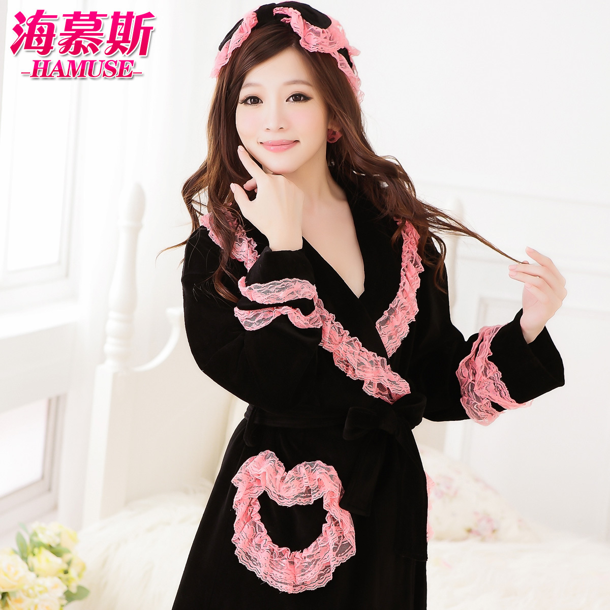New arrival 2012 female velvet lengthen thickening long-sleeve robe lace decoration sleepwear lounge