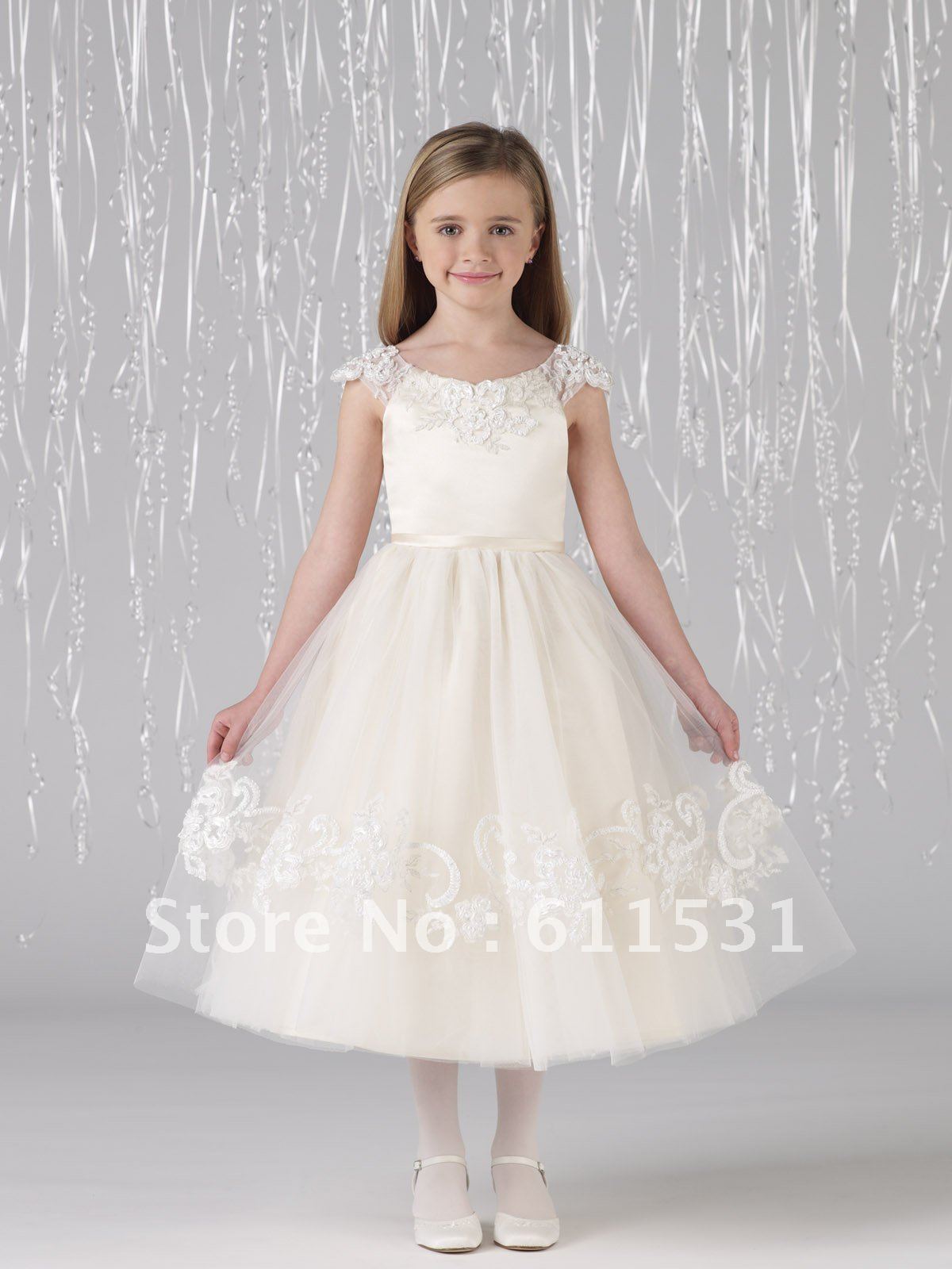 New Arrival 2012 !!Lovely Princess Mid Calf Appliques Ankle Length Satin Flower Girl Dresses Free Shipping Custom Made
