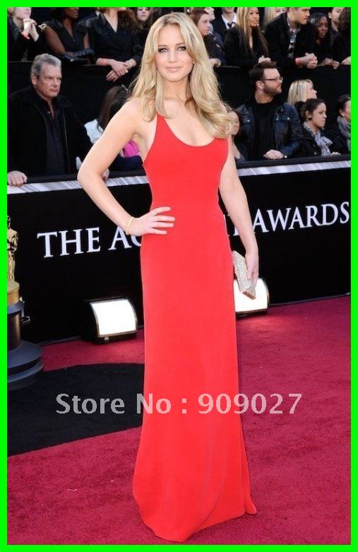 New Arrival! 2012 Scoop Spaghetti Chiffon Red Jennifer Lawrence Hot Prom Oscar Dress Celebrity Dresses Evening Gowns
