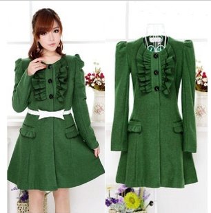 New Arrival 2012 Winter Overcoat Temperament Edible Fungus Design Long Sleeve Green Woman Coat Wool Outwear Free Shipping LC05